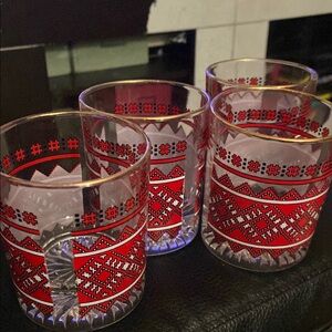Set of Four Red Patterned Glasses